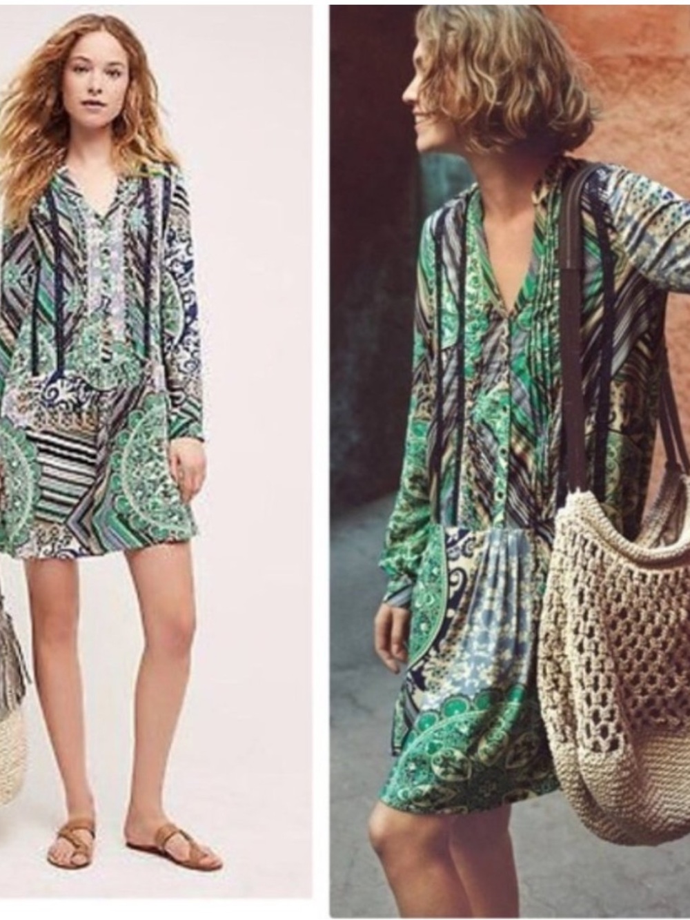 Tiny / Anthropologie Caviana Green Paisley Button-Front Drop Waist Dress Size M